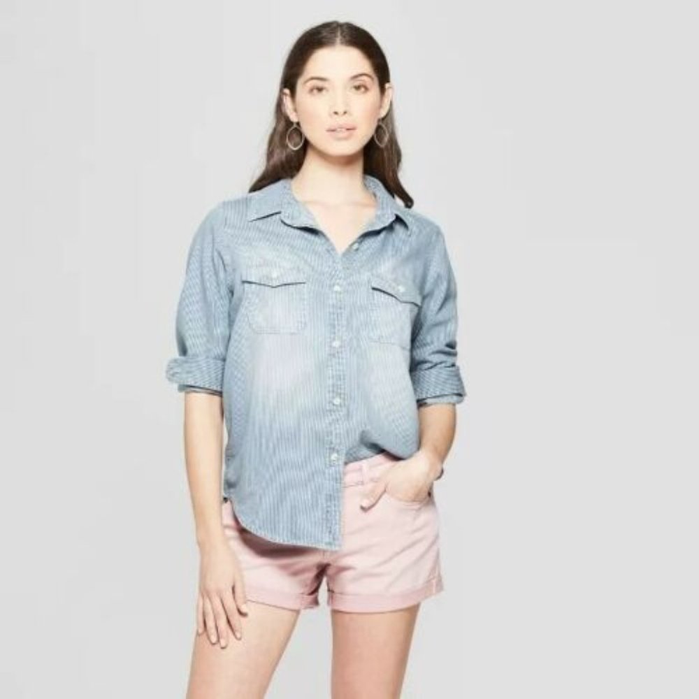 Striped Long Sleeve collared Labette Denim Shirt Light Wash Size XS